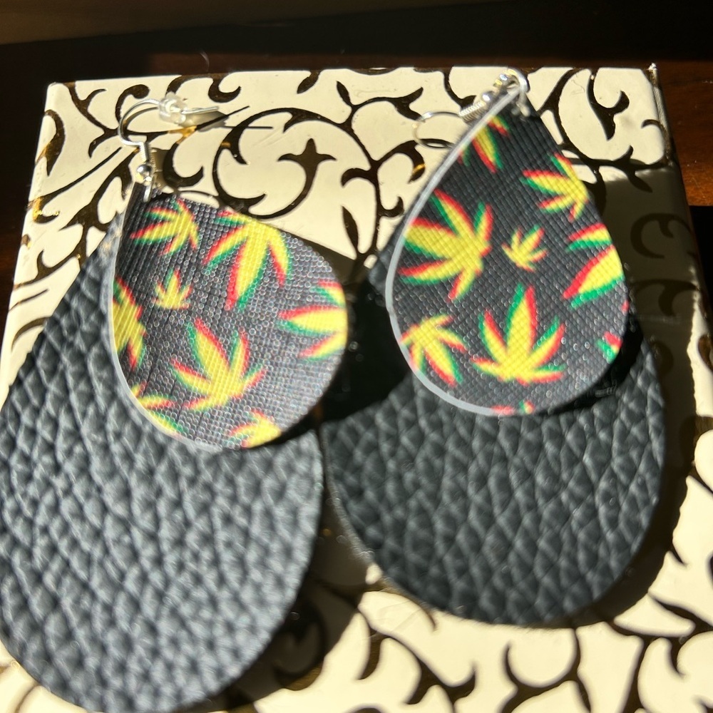 Black Leaf Pattern Earrings- handmade leather earrings- new